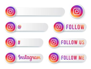 Çok renkli logolu Instagram Düğmeleri Koleksiyonu. Modern Simgelerle Beyaz Sosyal Medya Etiketleri, Sembol, Şarkı, Banner. Güzel Modern Şekile sahip 3B Yuvarlak Düğme Şablonları.