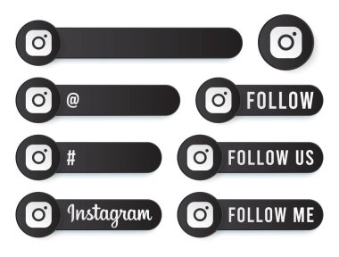 Beyaz Logolu Instagram Düğmeleri Koleksiyonu. Modern Simgelerle Siyah Sosyal Medya Etiketleri, Sembol, Şarkı, Banner. Güzel Modern Şekile sahip 3B Yuvarlak Düğme Şablonları.