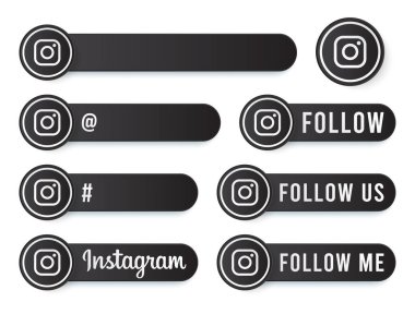 Beyaz Logolu Instagram Düğmeleri Koleksiyonu. Modern Simgelerle Siyah Sosyal Medya Etiketleri, Sembol, Şarkı, Banner. Güzel Modern Şekile sahip 3B Yuvarlak Düğme Şablonları.