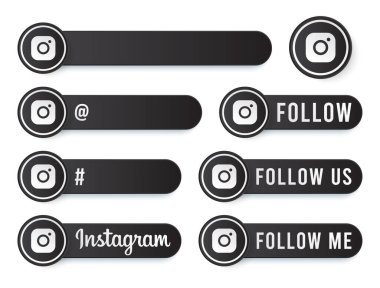 Beyaz Logolu Instagram Düğmeleri Koleksiyonu. Modern Simgelerle Siyah Sosyal Medya Etiketleri, Sembol, Şarkı, Banner. Güzel Modern Şekile sahip 3B Yuvarlak Düğme Şablonları.