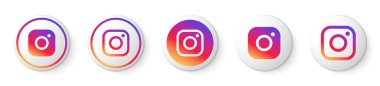 Çok renkli logolu Instagram Çemberi Biçimli Düğmeler Koleksiyonu. Sosyal Medya Simgeleri Beyaz Arkaplan için Modern Tasarım ile Ayarlandı. Web Sayfası & Mobil Uygulaması için 3B Yuvarlak Şablon.