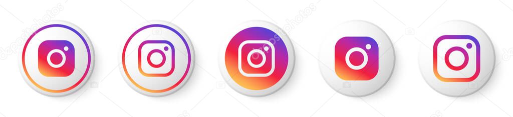 Instagram Circle Shape Buttons Collection with Multicolor Logo. Social Media Icons Set with Modern Design for White Background. 3D Round Template with for Web Page & Mobile App.