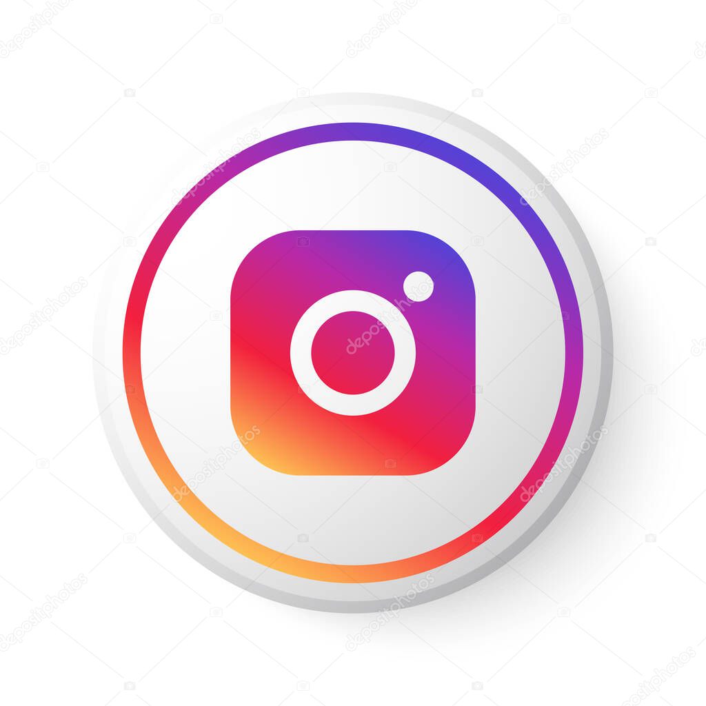 Instagram Circle Button with Multicolor Logo. Social Media Icon with Modern Design for White Background. 3D Round Template with Beautiful Shape for Web Page & Mobile App.