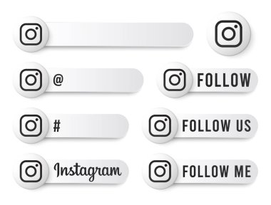 Siyah Logolu Instagram Düğmeleri Koleksiyonu. Modern Simgelerle Beyaz Sosyal Medya Etiketleri, Sembol, Şarkı, Banner. Güzel Modern Şekile sahip 3B Yuvarlak Düğme Şablonları.