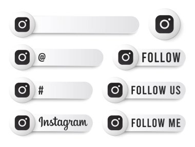 Siyah Logolu Instagram Düğmeleri Koleksiyonu. Modern Simgelerle Beyaz Sosyal Medya Etiketleri, Sembol, Şarkı, Banner. Güzel Modern Şekile sahip 3B Yuvarlak Düğme Şablonları.