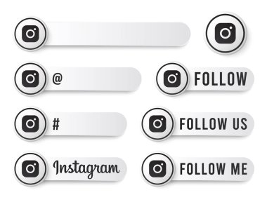 Siyah Logolu Instagram Düğmeleri Koleksiyonu. Modern Simgelerle Beyaz Sosyal Medya Etiketleri, Sembol, Şarkı, Banner. Güzel Modern Şekile sahip 3B Yuvarlak Düğme Şablonları.