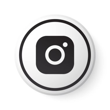 Siyah logolu Instagram Beyaz Düğme. Beyaz Arkaplan için Modern Tasarım ile Sosyal Medya Simgesi. Web Sayfası & Mobil Uygulaması için Güzel Şekline sahip 3B Yuvarlak Şablon.