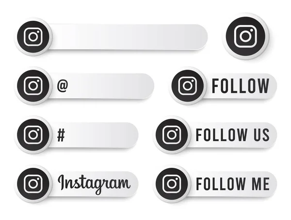 Siyah Logolu Instagram Düğmeleri Koleksiyonu. Modern Simgelerle Beyaz Sosyal Medya Etiketleri, Sembol, Şarkı, Banner. Güzel Modern Şekile sahip 3B Yuvarlak Düğme Şablonları.