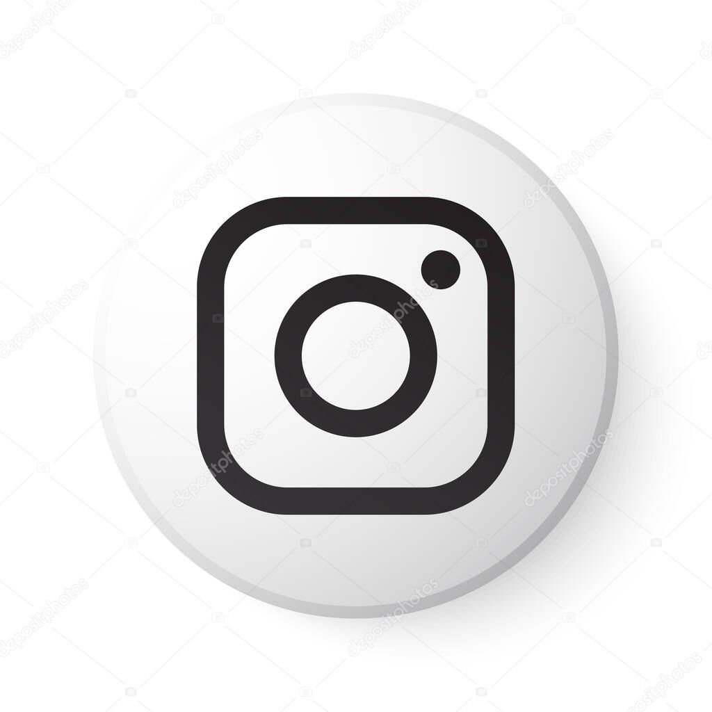 Instagram Circle White Button with Black Logo. Social Media Icon with Modern Design for White Background. 3D Round Template with Beautiful Shape for Web Page & Mobile App.