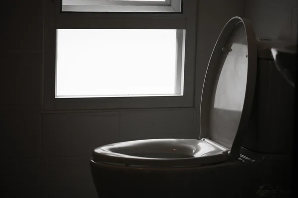 Banheiro branco na casa moderna, vaso sanitário branco na sala de limpeza, líquido de descarga no banheiro, banheiro privativo no quarto moderno, equipamento interior e banheiro moderno, banheiro de limpeza . — Fotografia de Stock