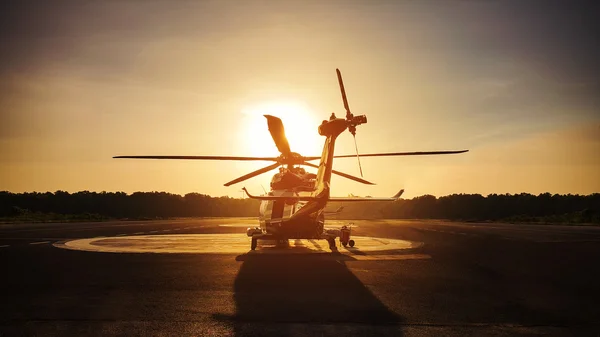 Helikopterparkering på offshoreplattform, helikopteroverføringsmannskaper eller passasjerer til arbeid i olje- og gassindustrien offshore, lufttransport til støtte for passasjerer, bakketjeneste . – stockfoto