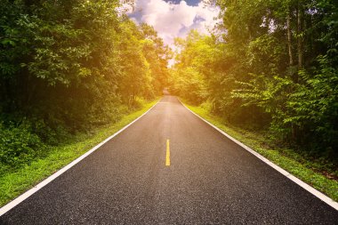 Köy yolunda şehre, Doğa, dağ ve orman bir yere seyahat için Road, orman ve arabasız yayla yolu veya asfalt yol yolcu yolculuk şekilde bölge arasında.