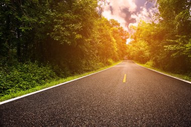 Köy yolunda şehre, Doğa, dağ ve orman bir yere seyahat için Road, orman ve arabasız yayla yolu veya asfalt yol yolcu yolculuk şekilde bölge arasında.