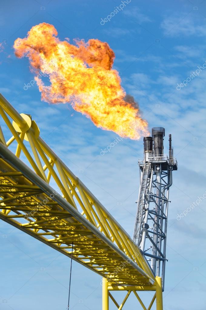 Burning the gas or oil at Flare station, Oil and gas construction Stock