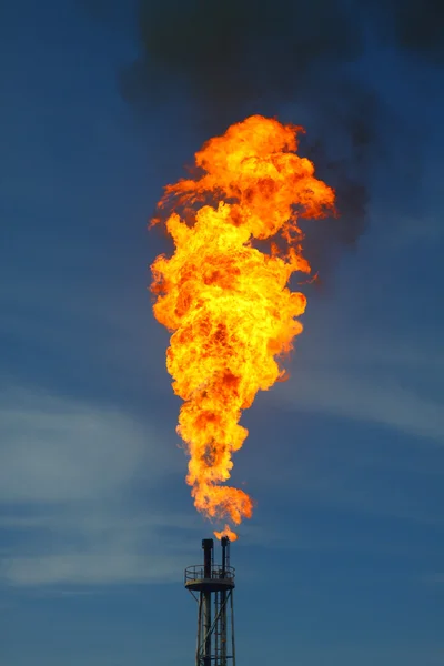 Quemar el gas o el petróleo en la estación de combustión, la construcción de petróleo y gas — Foto de Stock