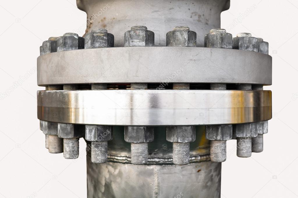 Metal pipe flanges with bolts on an isolated background, Pipe line in oil and gas industry and installed in plant or process.
