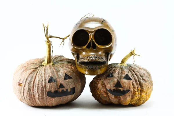 Ludzkich czaszek i dyni na czarnym tle, tło dzień Halloween. — Zdjęcie stockowe