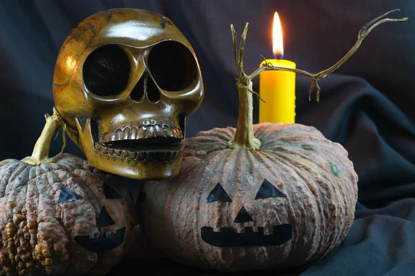 Teschi umani e zucca su sfondo nero, sfondo giorno di Halloween . — Foto Stock