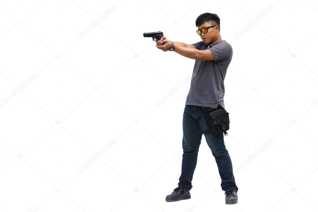 Spy man in the mission, Killer mission, Portrait Of Young Man With Gun On White Background