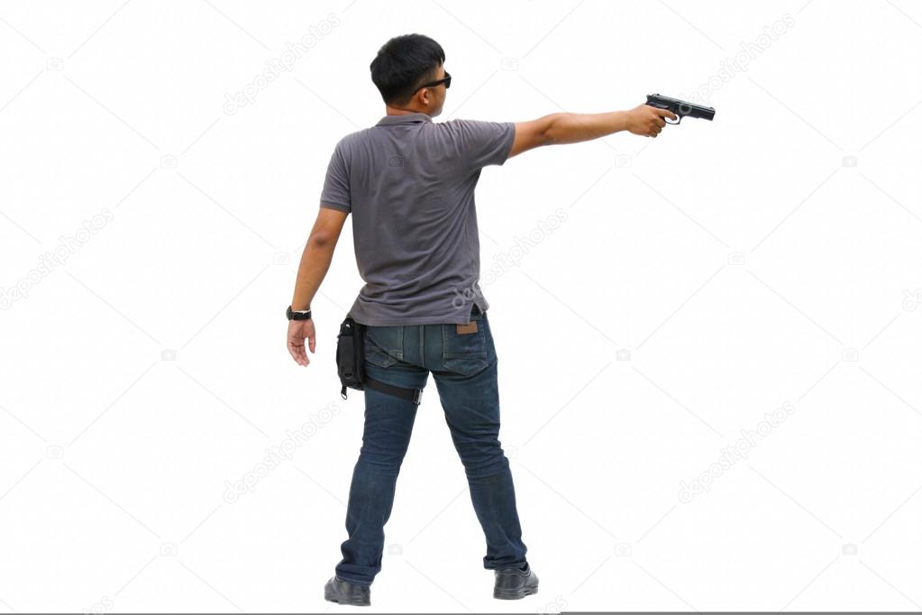Spy man in the mission, Killer mission, Portrait Of Young Man With Gun On White Background