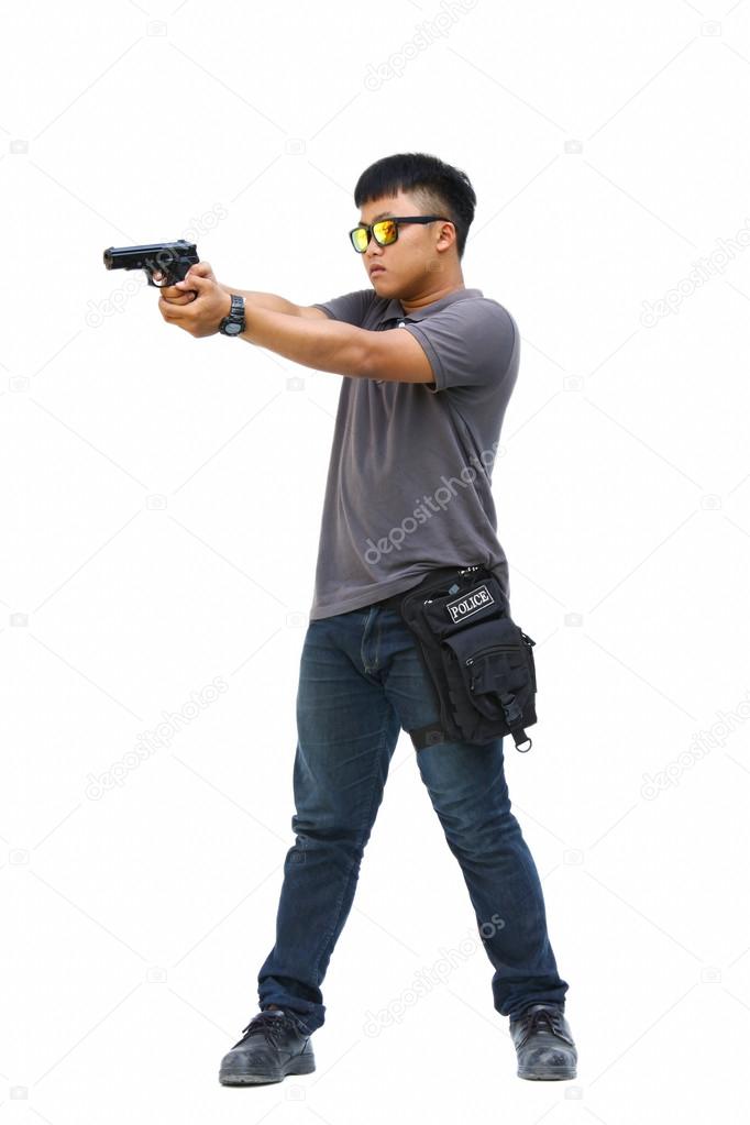 Spy man in the mission, Killer mission, Portrait Of Young Man With Gun On White Background