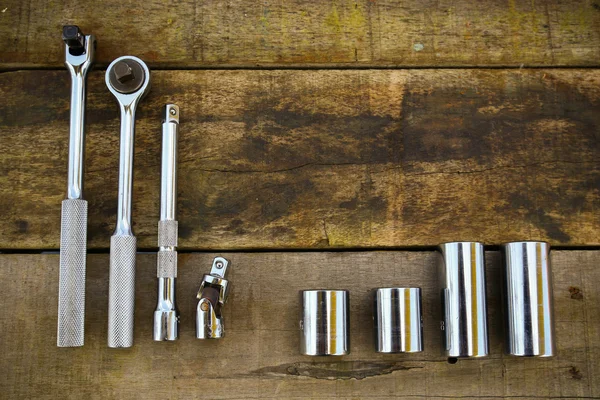 Hand tools set on wooden background. — Stock Photo, Image