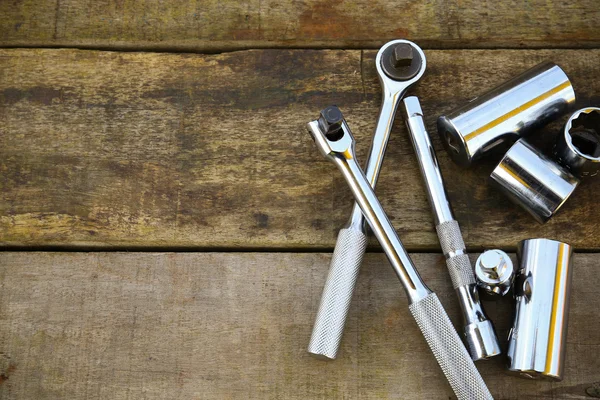 Hand tools set on wooden background. — Stock Photo, Image