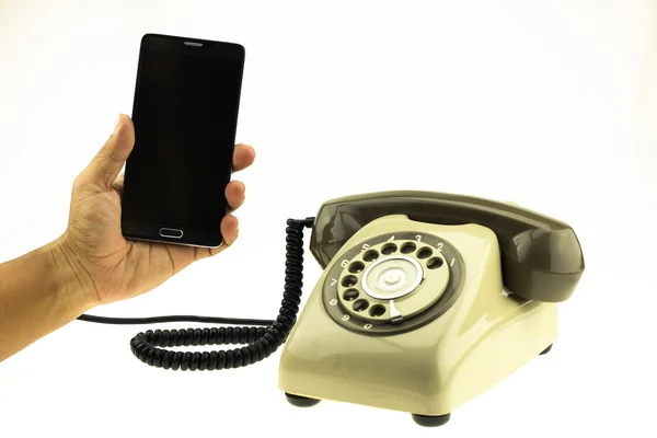 Vintage picture style of new smart phone with old telephone on white background. New communication technology. — Stock Photo, Image
