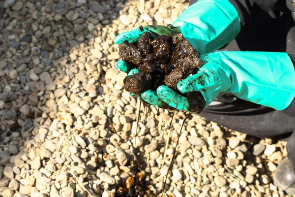 Oil sands development from an oil drilling district. The hand on the oil sands. Operator take oil sand s sample from mine.