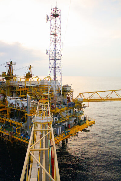 Oil and gas platform in the gulf or the sea, The world energy, Offshore oil and rig construction.