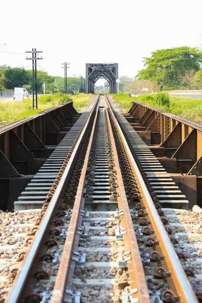 Linha férrea passando pelas plantas verdes. Caminho de comboio . — Fotografia de Stock