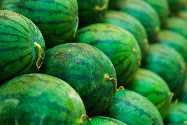 Sandías frescas en estantes en el mercado o supermercado, Frutas y bebidas saludables, Sandías verdes de primer plano sobre fondo de fruta . — Foto de Stock