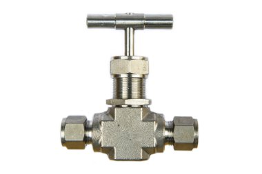 Manual ball valve or stainless steel ball valve isolated on white background, Valve for oil and gas process or high pressure process, Instrument supply equipment for control pressure or flowed in production process