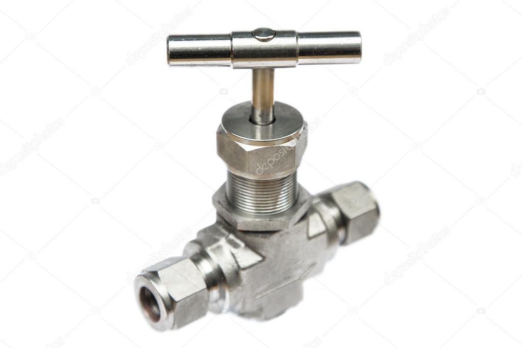 Manual ball valve or stainless steel ball valve isolated on white background, Valve for oil and gas process or high pressure process, Instrument supply equipment for control pressure or flowed in production process