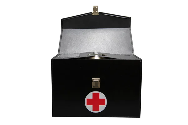 Verbandskasten-Box auf weißem Hintergrund oder isoliertem Hintergrund, Notfallkoffer gebrauchte Hilfsbox zur Unterstützung des medizinischen Dienstes, schwarzer Verbandskasten isoliert auf weißem Hintergrund — Stockfoto