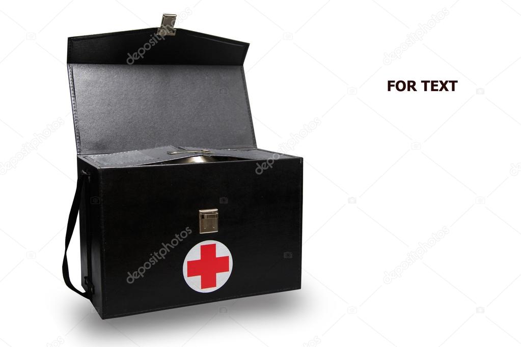 First aid kit box in white background or isolated background, Emergency case used aid box for support medical service, Black first aid kit isolated on white background