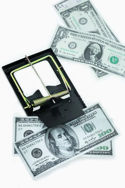 Trap with dollar bills isolated over white background, Risk in business, Businessman taking money from a mousetrap — Stock Photo, Image