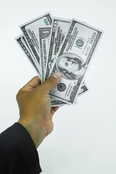 Val met dollarbiljetten geïsoleerd op witte achtergrond, het risico in het bedrijfsleven, zakenman nemen geld van een muizenval — Stockfoto