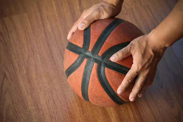 Basketball on court or wooden, popular sport with team, sport background and empty area for text, international sport and playing with team work. — Stock Photo, Image