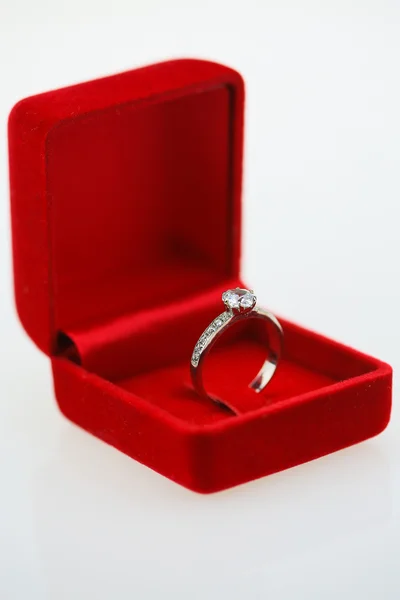 Wedding rings background, beautiful silver ring in red box for wedding concept — Stock Photo, Image