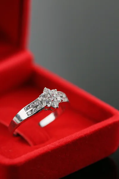 Wedding rings background, beautiful silver ring in red box for wedding concept