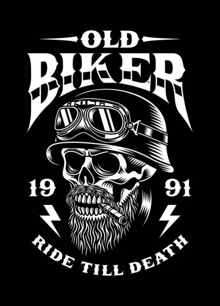 Jahrgang Bärtigen Biker Schädel Rauchen Zigarre Vektor Illustration — Stockvektor