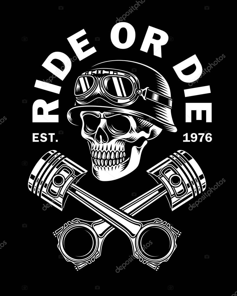 Vintage Biker Skull With Crossed Pistons Vector Illustration