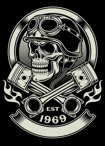 Oldtimer Biker Totenkopf mit gekreuztem Kolbenemblem — Stockvektor