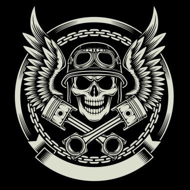 Kanatları ve Pistons Amblemi olan klasik Biker Skull