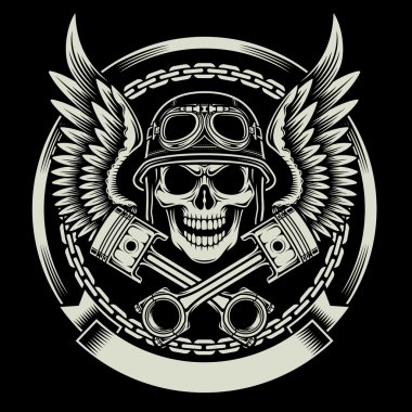 Vintage Biker Skull with Wings and Pistons Emblem clipart
