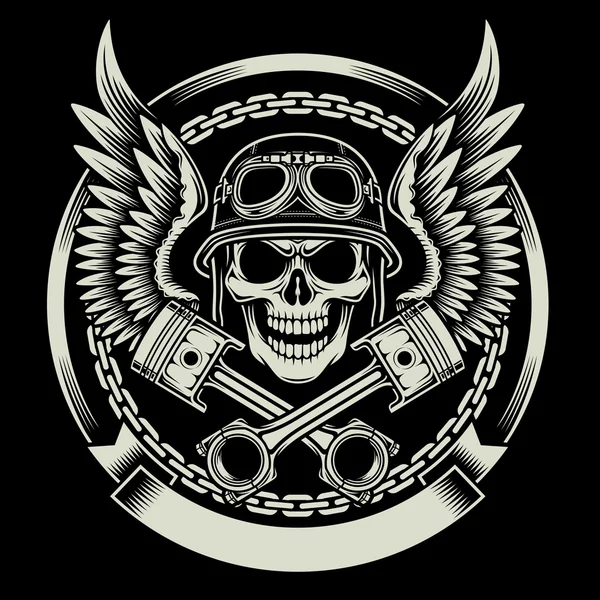 Vintage Biker Totenkopf mit Flügel und Kolben Emblem — Stockvektor