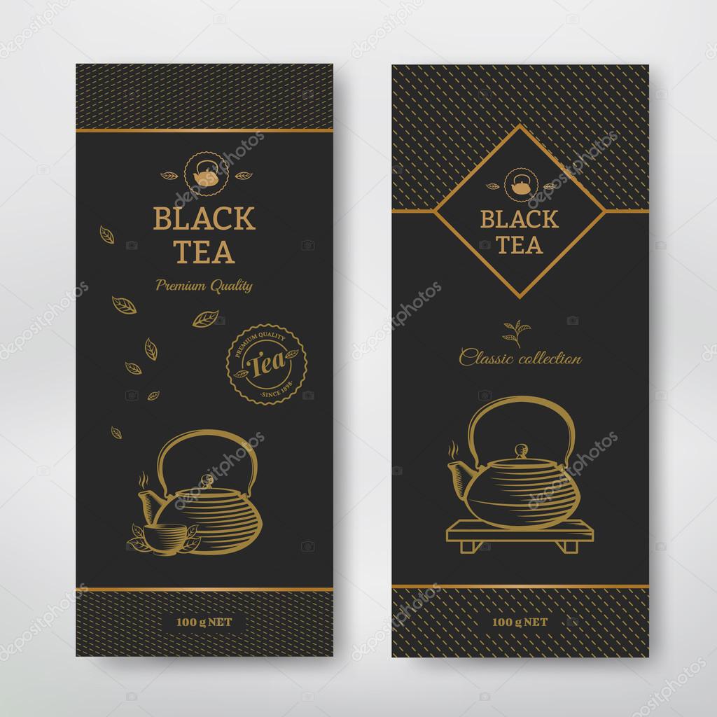 Black Tea design package. Black tea vector illustration. Made in black and gold colors. Kettle silhouette.