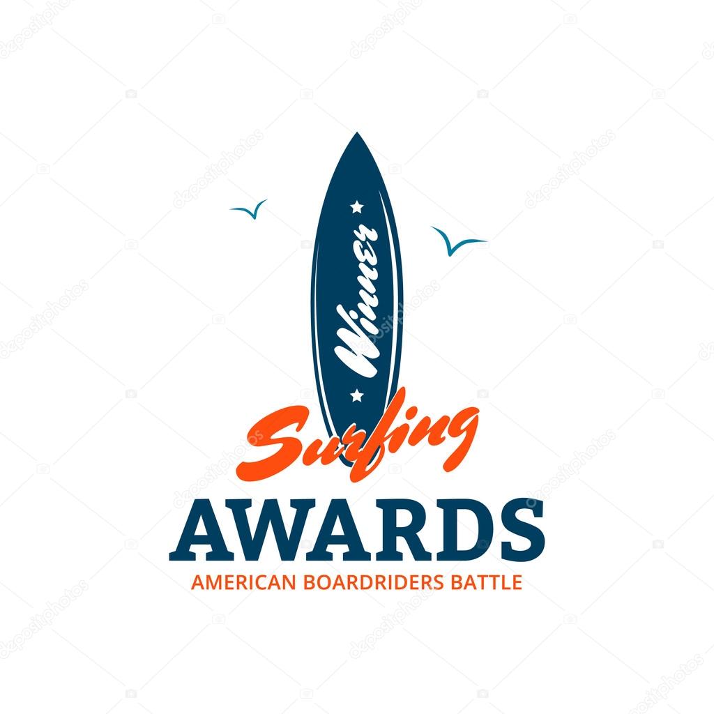 Surfboard logo or typography print on t-shirt. Surfing awards