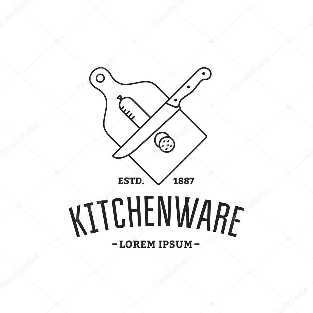 Vector logo kitchenware. Silhouette sausage sliced, cutting board, knife.